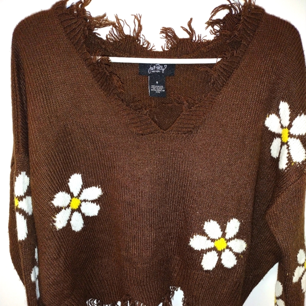 Just Polly New York Brown Distressed sweater with white and yellow flowers print
